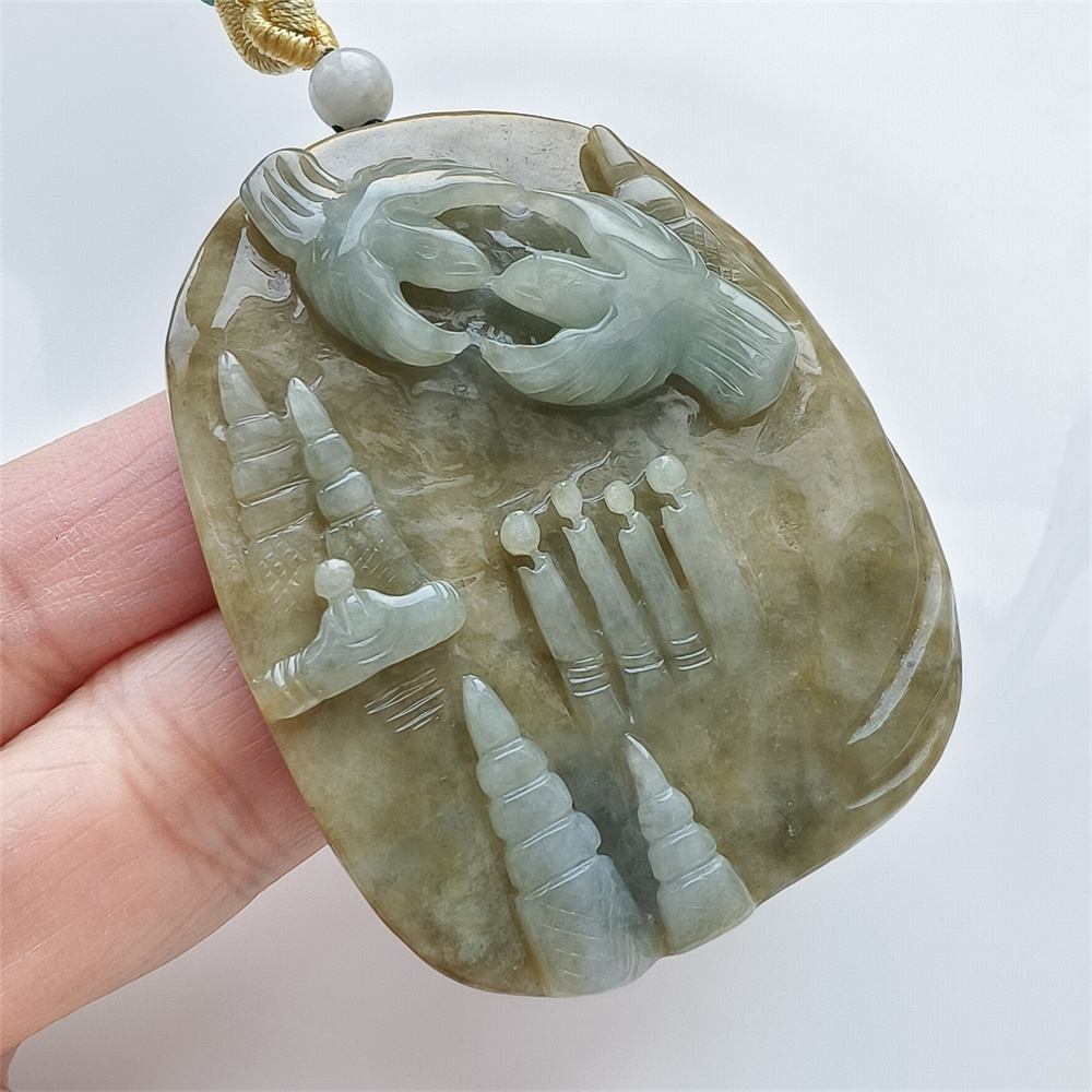 Unique Certificated Natural Type A Untreated 59X58X12mm Green Yellow Burmese Jadeite Oval Pendant With 悟道 And Bird Carved,Myanmar Jadeite Pendant Necklace