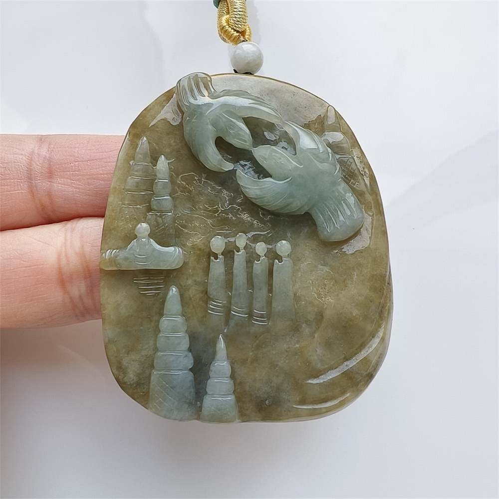 Unique Certificated Natural Type A Untreated 59X58X12mm Green Yellow Burmese Jadeite Oval Pendant With 悟道 And Bird Carved,Myanmar Jadeite Pendant Necklace