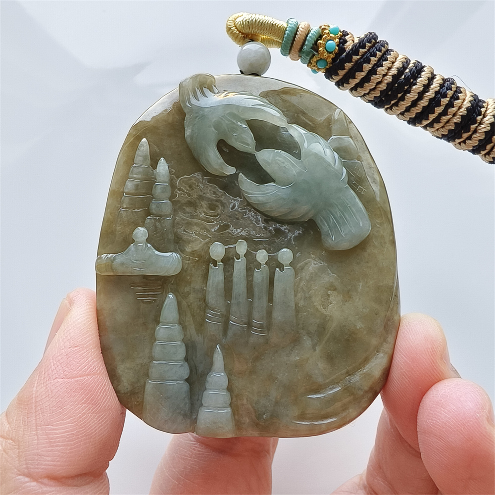 Unique Certificated Natural Type A Untreated 59X58X12mm Green Yellow Burmese Jadeite Oval Pendant With 悟道 And Bird Carved,Myanmar Jadeite Pendant Necklace