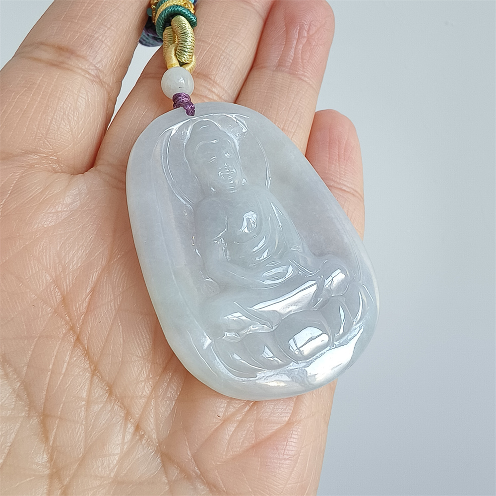 Natural Certificated Type A 48X35X5mm Icy White Green Burmese Jadeite Oval Pendant With Buddha Carved,Amulet Pendant Necklace