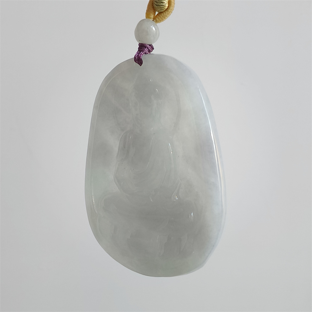 Natural Certificated Type A 48X35X5mm Icy White Green Burmese Jadeite Oval Pendant With Buddha Carved,Amulet Pendant Necklace