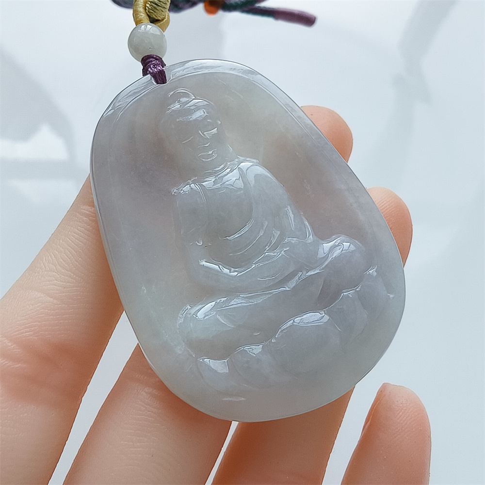 Natural Certificated Type A 48X35X5mm Icy White Green Burmese Jadeite Oval Pendant With Buddha Carved,Amulet Pendant Necklace