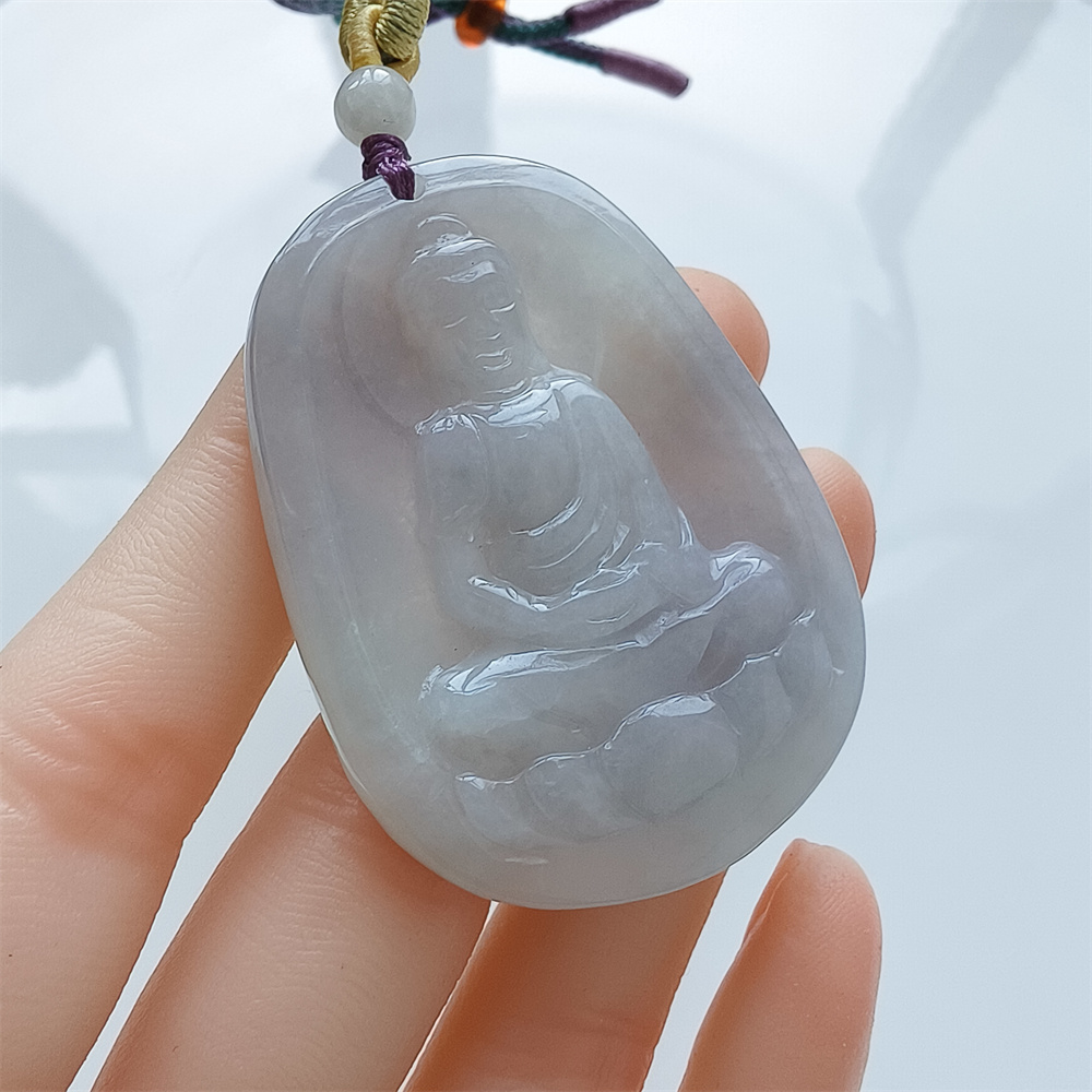 Natural Certificated Type A 48X35X5mm Icy White Green Burmese Jadeite Oval Pendant With Buddha Carved,Amulet Pendant Necklace