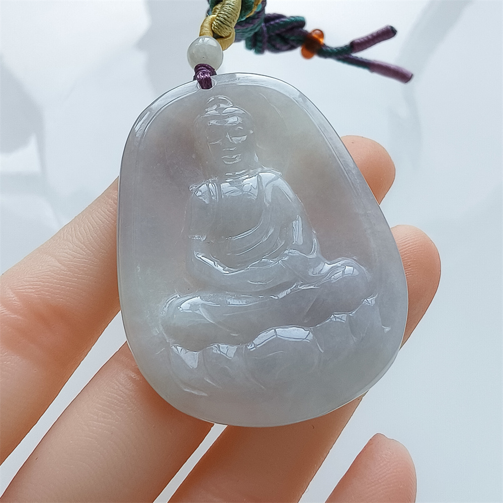 Natural Certificated Type A 48X35X5mm Icy White Green Burmese Jadeite Oval Pendant With Buddha Carved,Amulet Pendant Necklace
