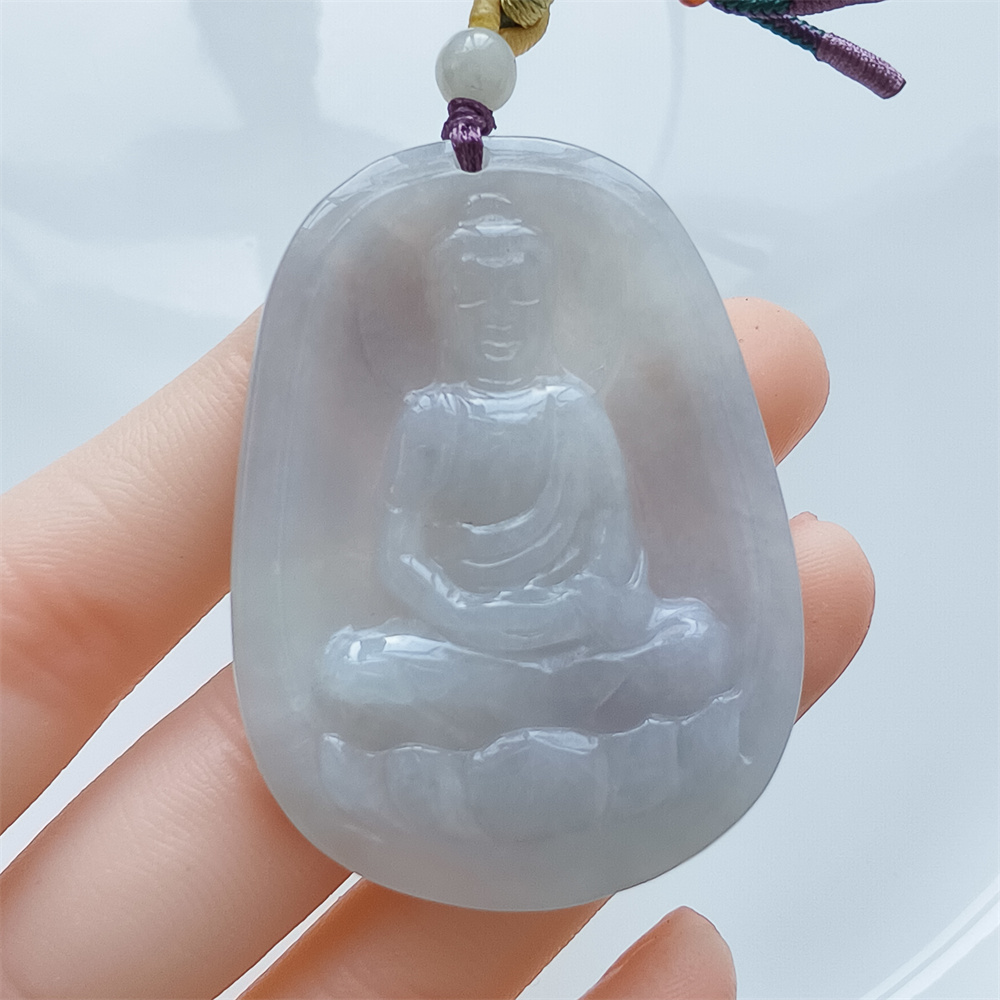 Natural Certificated Type A 48X35X5mm Icy White Green Burmese Jadeite Oval Pendant With Buddha Carved,Amulet Pendant Necklace