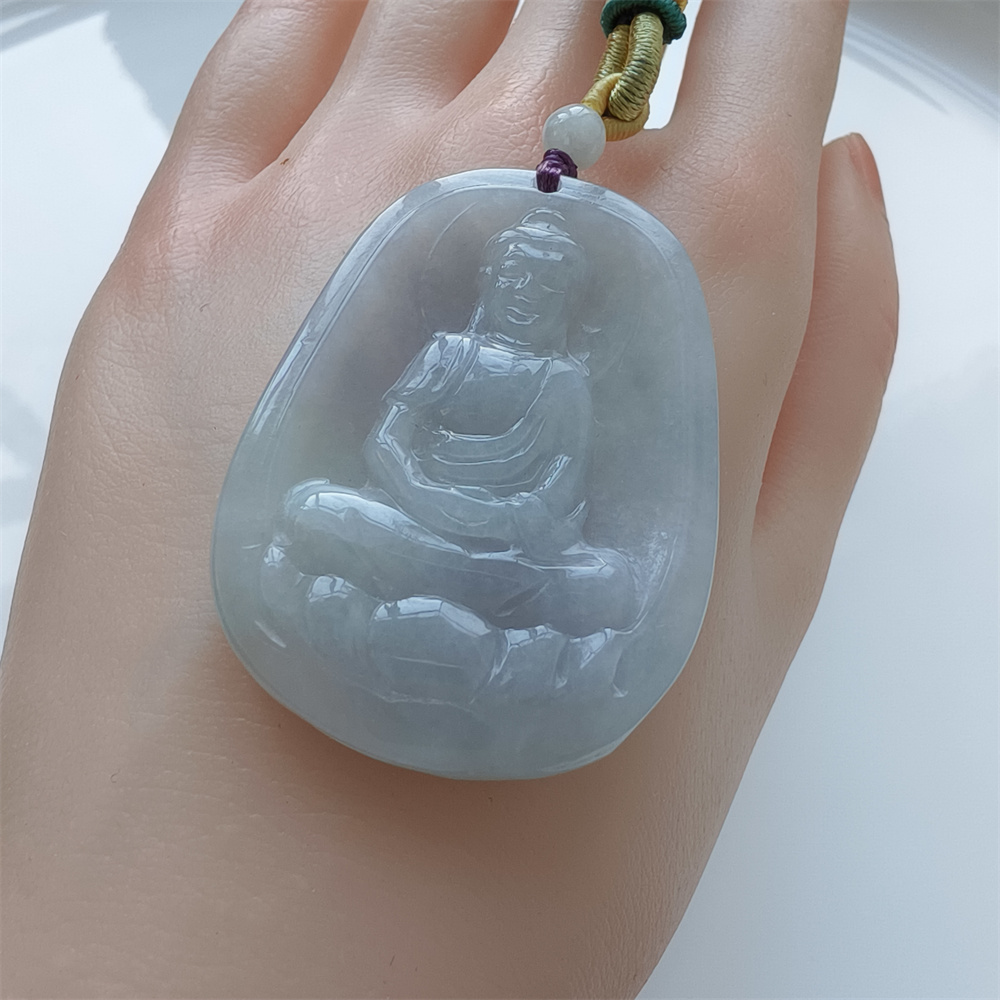 Natural Certificated Type A 48X35X5mm Icy White Green Burmese Jadeite Oval Pendant With Buddha Carved,Amulet Pendant Necklace
