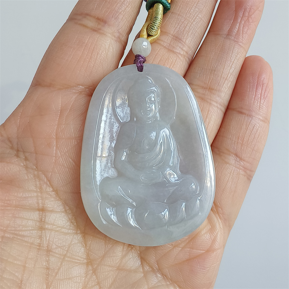 Natural Certificated Type A 48X35X5mm Icy White Green Burmese Jadeite Oval Pendant With Buddha Carved,Amulet Pendant Necklace