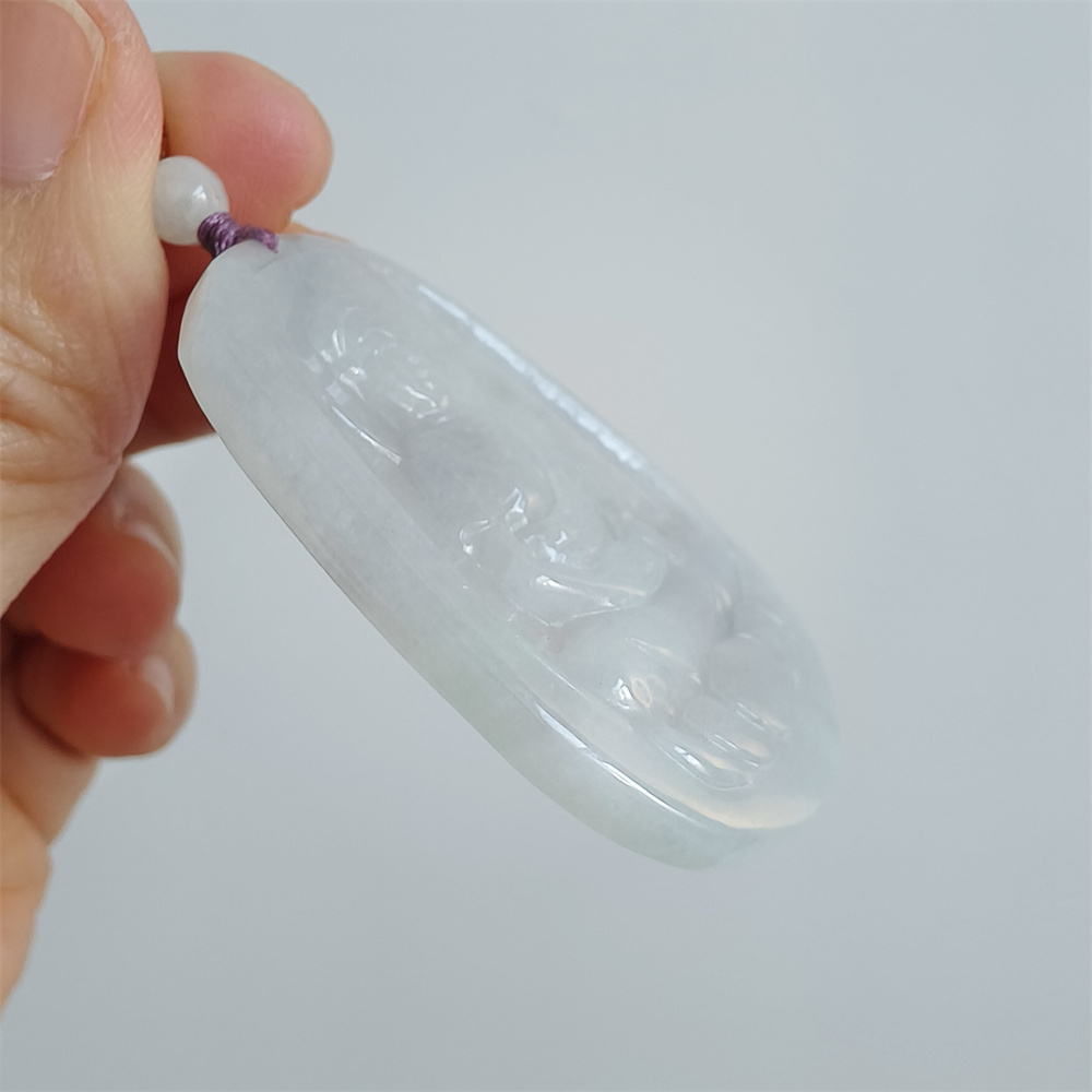 Natural Certificated Type A 48X35X5mm Icy White Green Burmese Jadeite Oval Pendant With Buddha Carved,Amulet Pendant Necklace