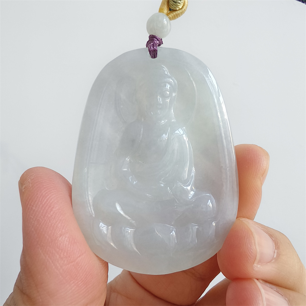 Natural Certificated Type A 48X35X5mm Icy White Green Burmese Jadeite Oval Pendant With Buddha Carved,Amulet Pendant Necklace