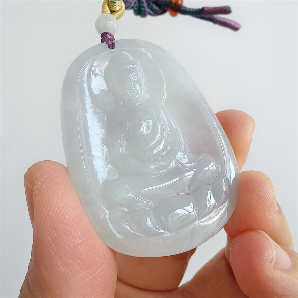 Natural Certificated Type A 48X35X5mm Icy White Green Burmese Jadeite Oval Pendant With Buddha Carved,Amulet Pendant Necklace