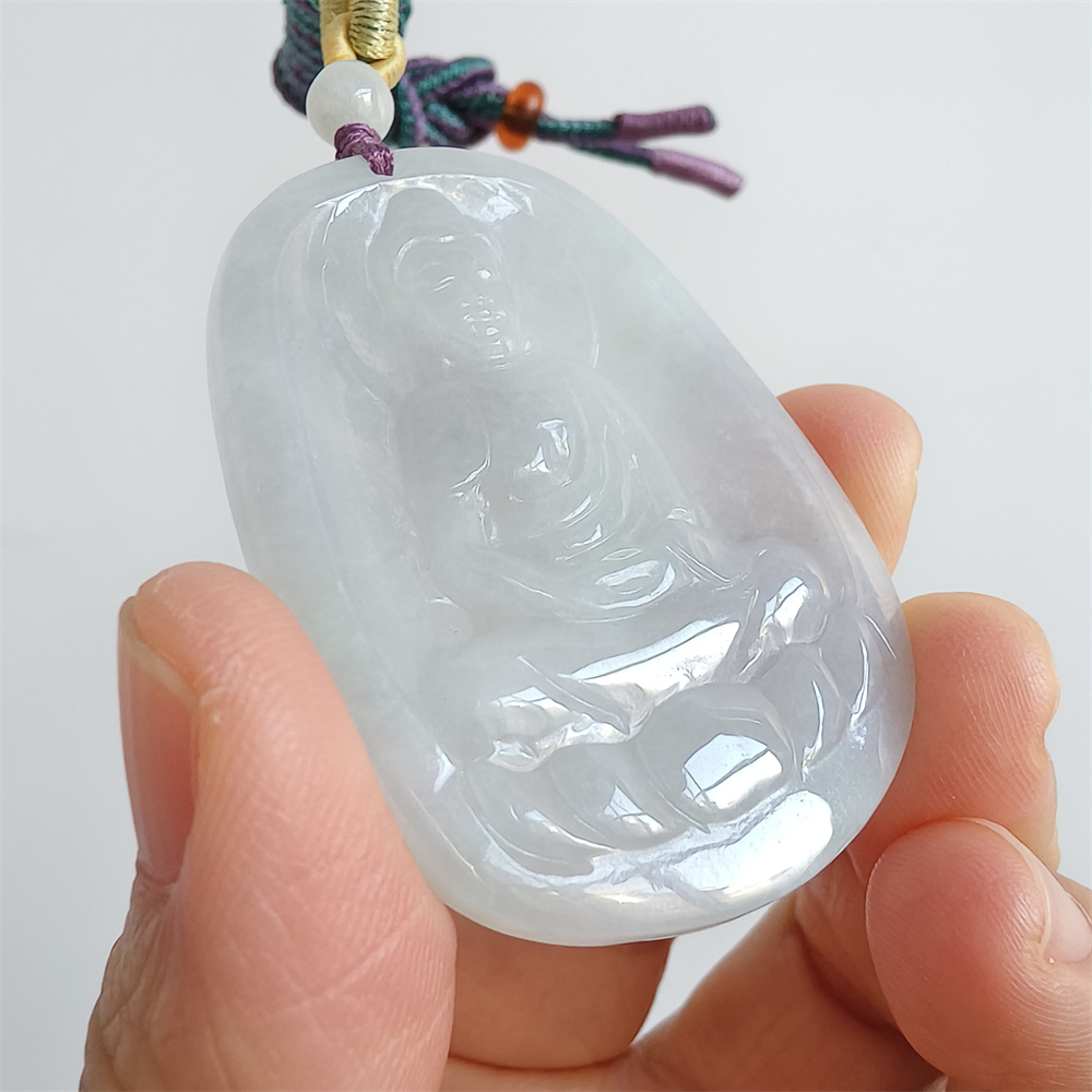 Natural Certificated Type A 48X35X5mm Icy White Green Burmese Jadeite Oval Pendant With Buddha Carved,Amulet Pendant Necklace