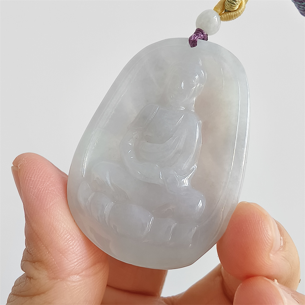 Natural Certificated Type A 48X35X5mm Icy White Green Burmese Jadeite Oval Pendant With Buddha Carved,Amulet Pendant Necklace