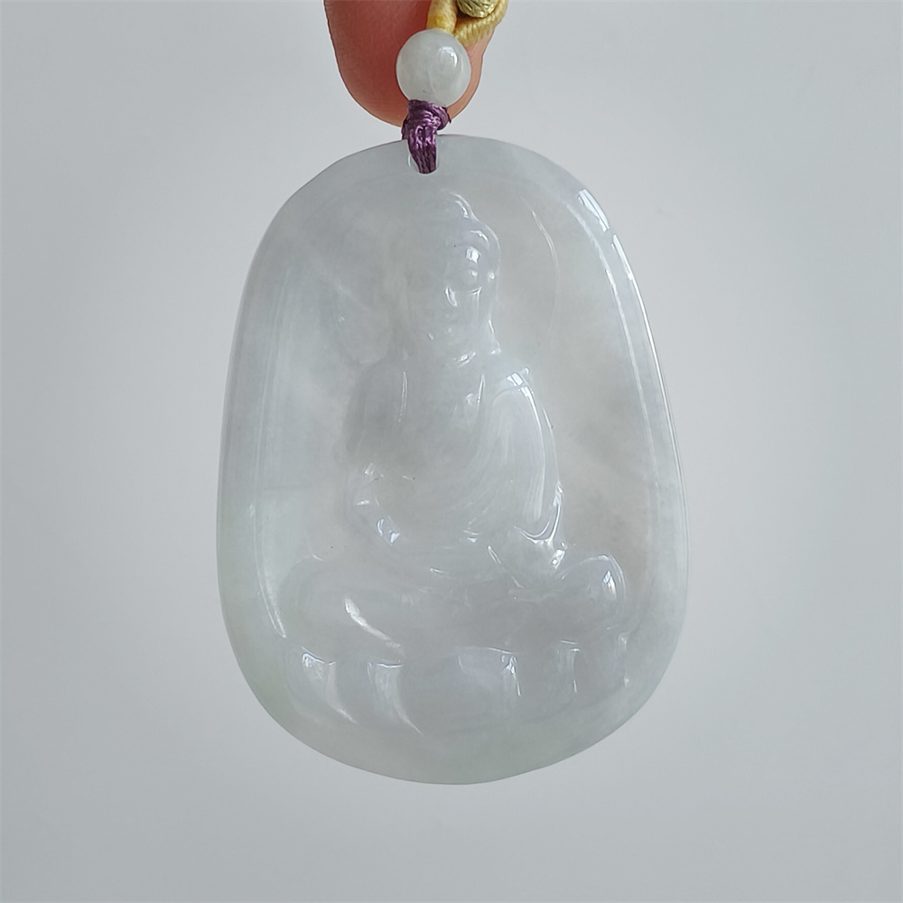 Natural Certificated Type A 48X35X5mm Icy White Green Burmese Jadeite Oval Pendant With Buddha Carved,Amulet Pendant Necklace