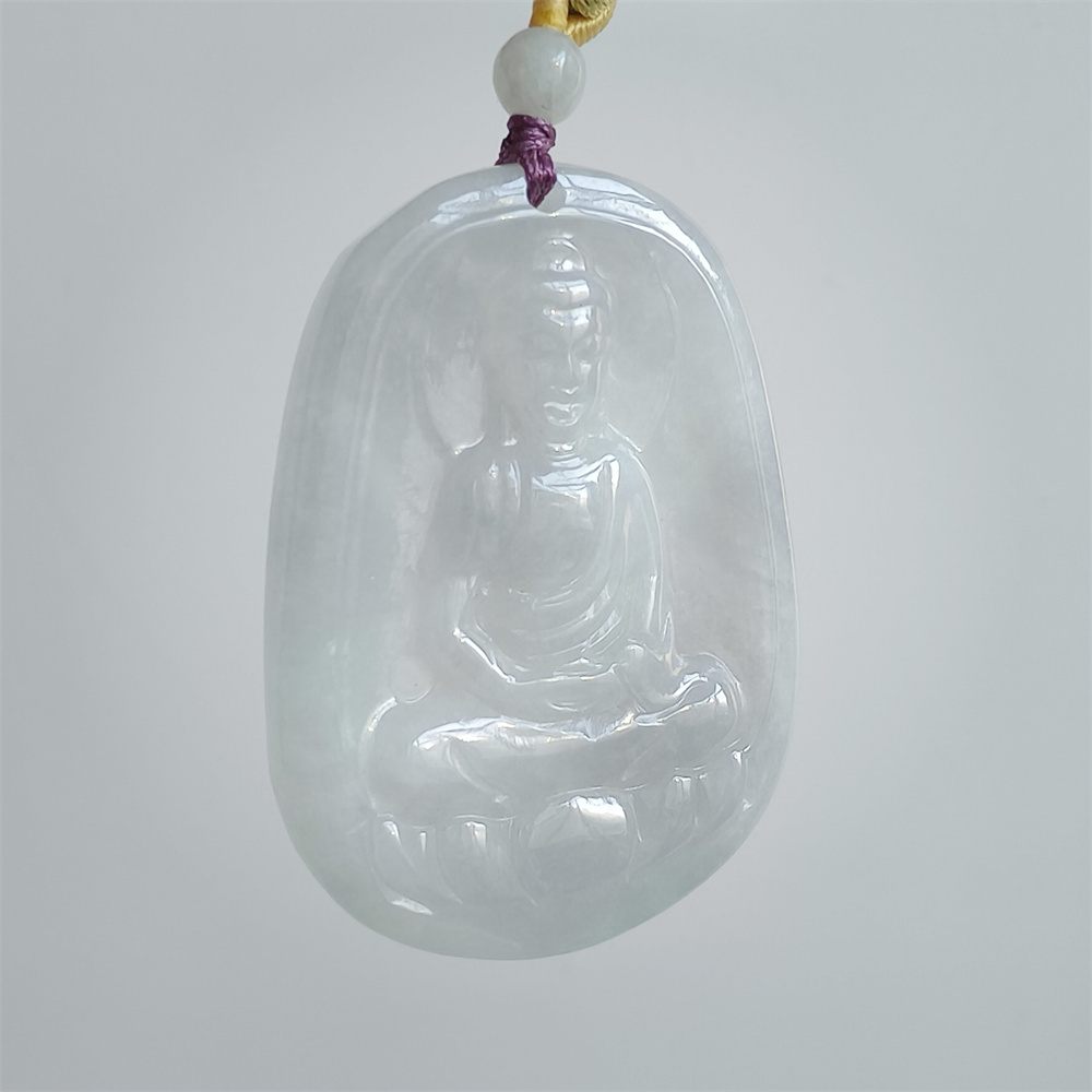 Natural Certificated Type A 48X35X5mm Icy White Green Burmese Jadeite Oval Pendant With Buddha Carved,Amulet Pendant Necklace