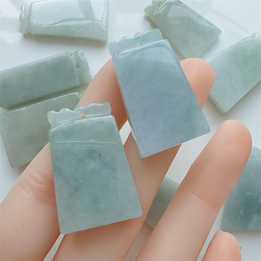 Natural Certificated Type A 28-36X13-20X4-6mm Icy Green White Burmese Jadeite 平安无事 Plaque,Amulet Pendant Necklace