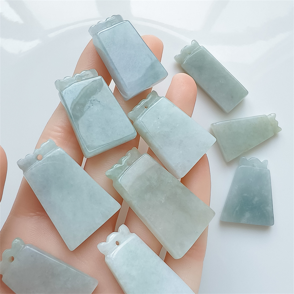 Natural Certificated Type A 28-36X13-20X4-6mm Icy Green White Burmese Jadeite 平安无事 Plaque,Amulet Pendant Necklace