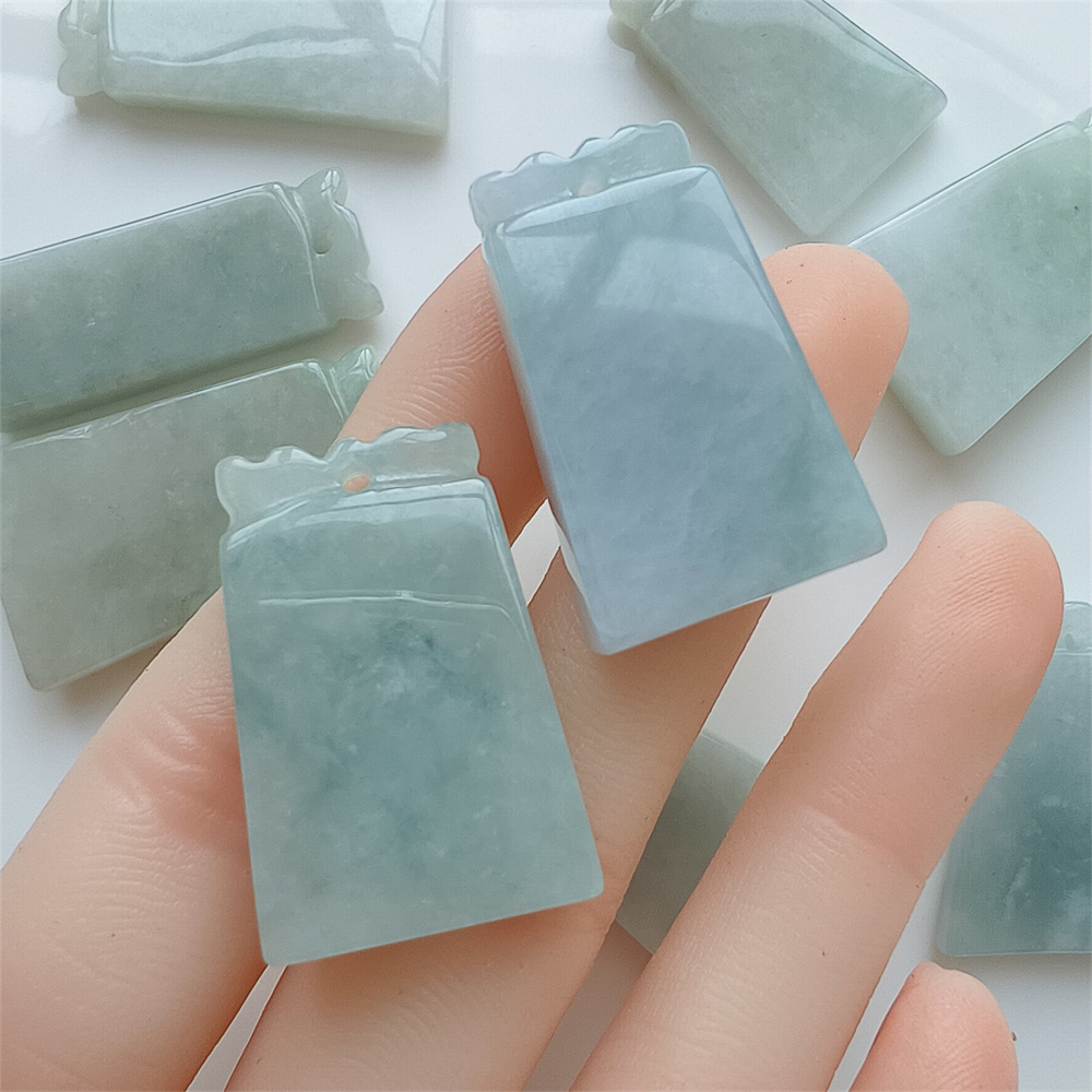 Natural Certificated Type A 28-36X13-20X4-6mm Icy Green White Burmese Jadeite 平安无事 Plaque,Amulet Pendant Necklace