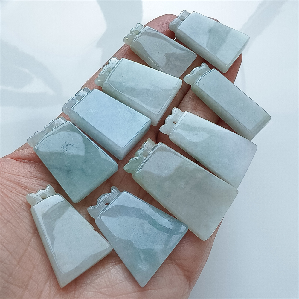 Natural Certificated Type A 28-36X13-20X4-6mm Icy Green White Burmese Jadeite 平安无事 Plaque,Amulet Pendant Necklace