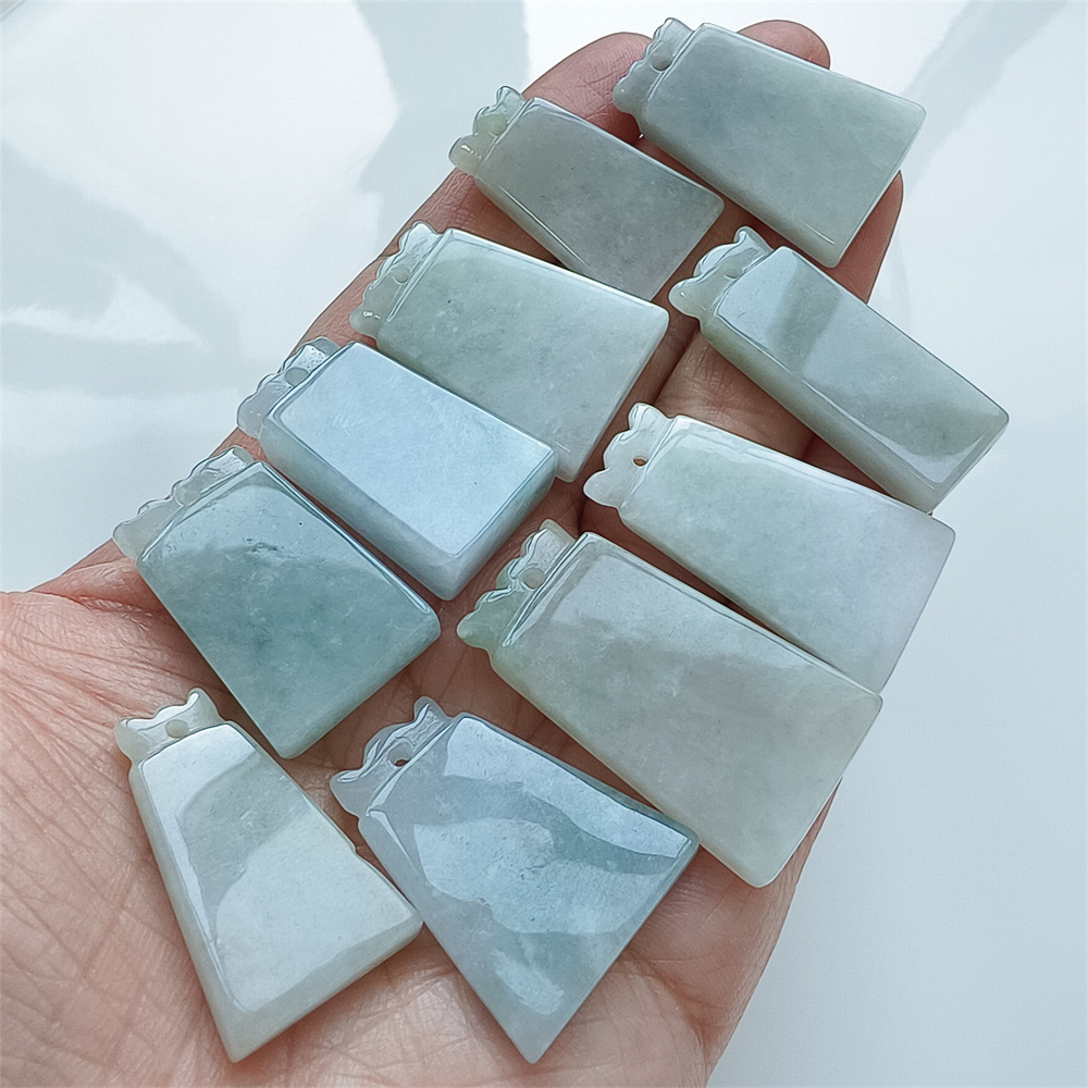 Natural Certificated Type A 28-36X13-20X4-6mm Icy Green White Burmese Jadeite 平安无事 Plaque,Amulet Pendant Necklace