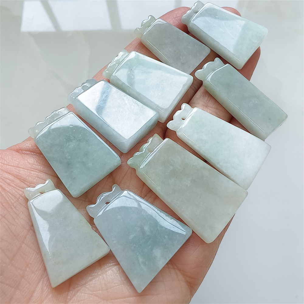 Natural Certificated Type A 28-36X13-20X4-6mm Icy Green White Burmese Jadeite 平安无事 Plaque,Amulet Pendant Necklace