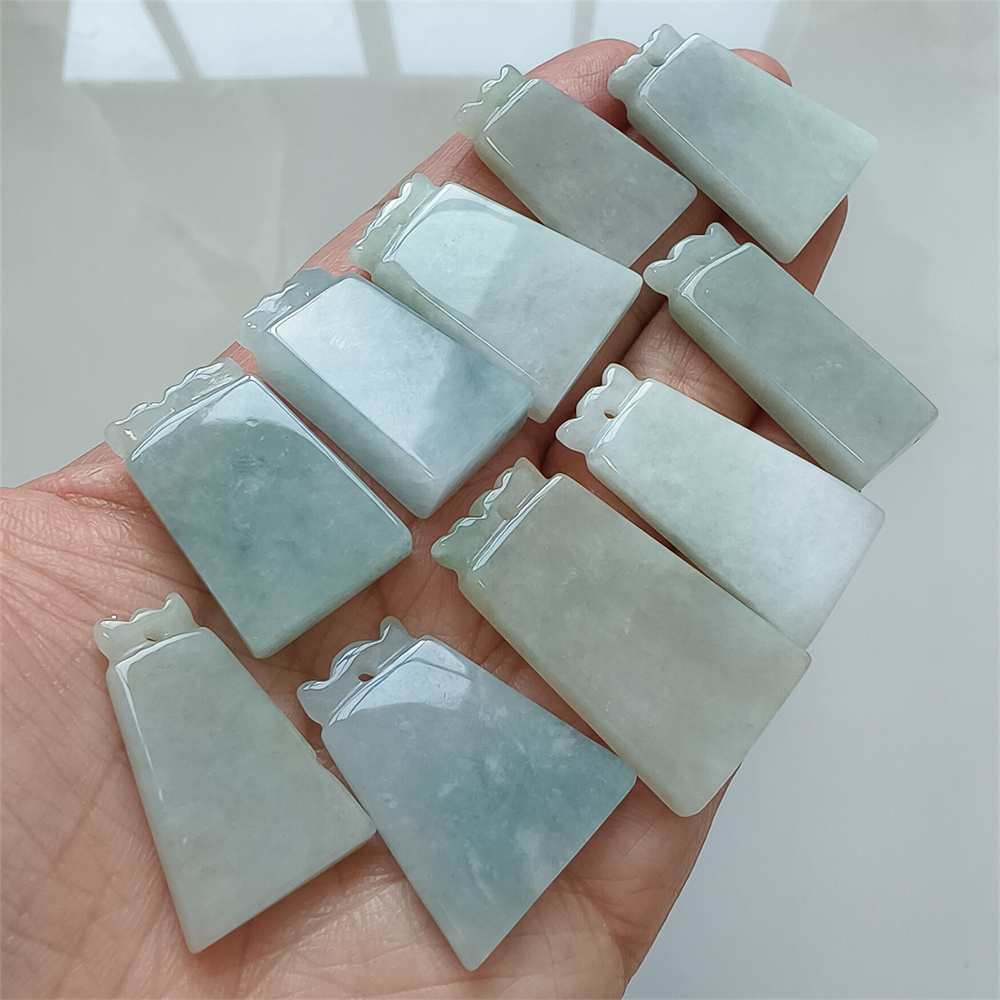 Natural Certificated Type A 28-36X13-20X4-6mm Icy Green White Burmese Jadeite 平安无事 Plaque,Amulet Pendant Necklace