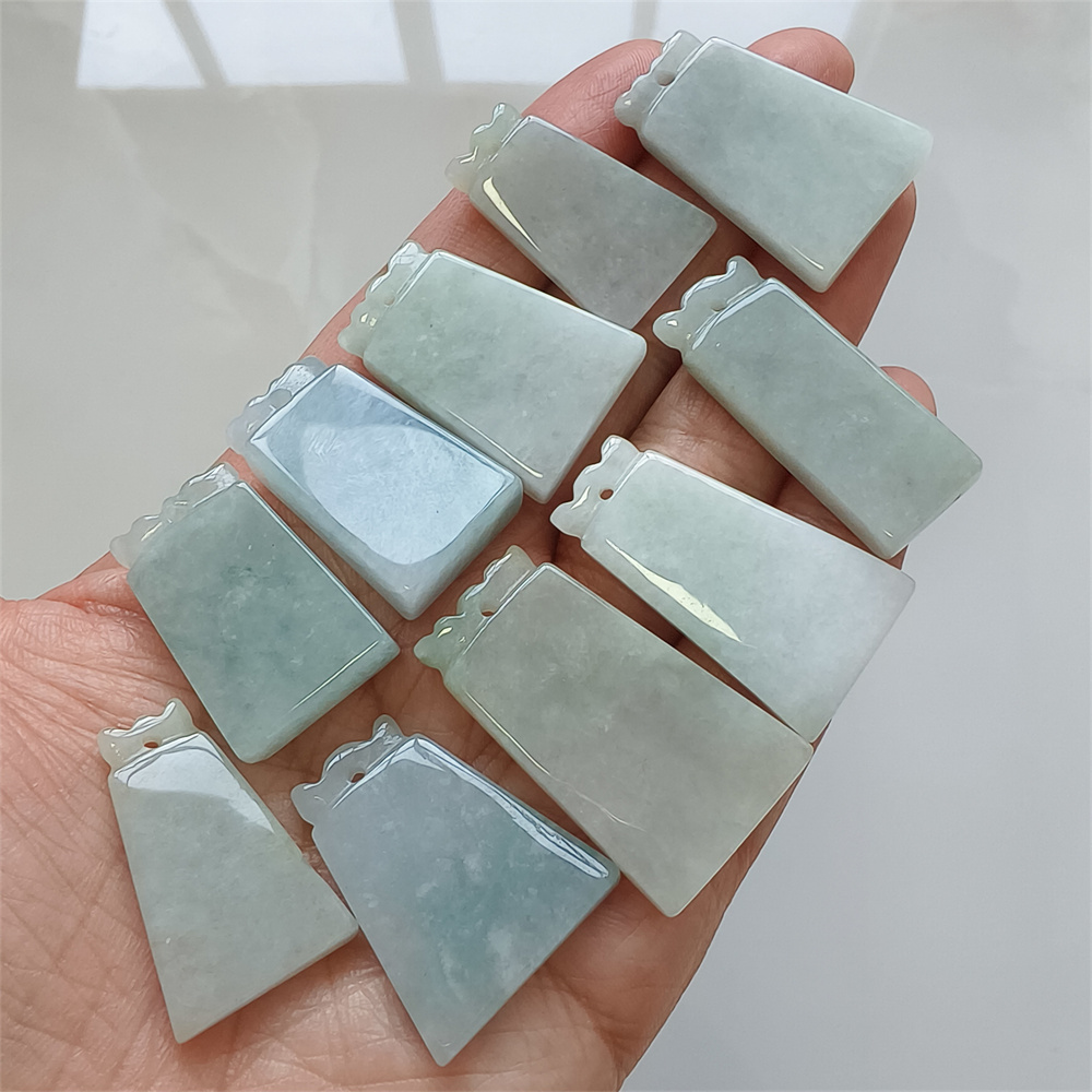 Natural Certificated Type A 28-36X13-20X4-6mm Icy Green White Burmese Jadeite 平安无事 Plaque,Amulet Pendant Necklace