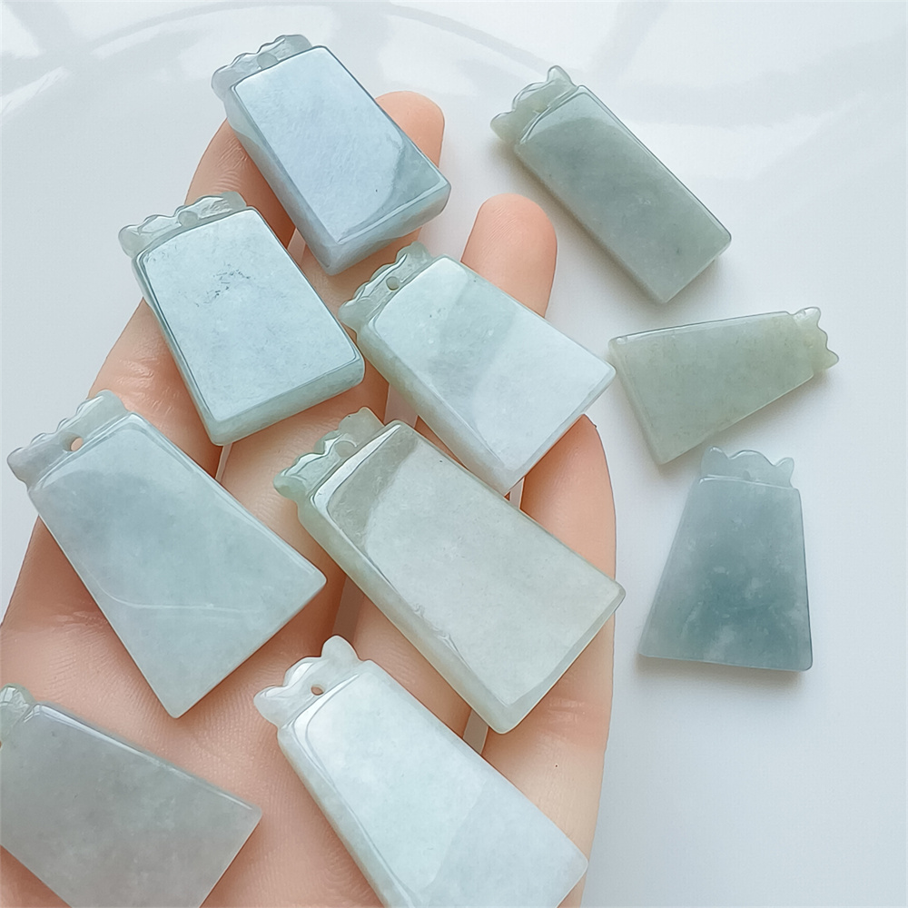 Natural Certificated Type A 28-36X13-20X4-6mm Icy Green White Burmese Jadeite 平安无事 Plaque,Amulet Pendant Necklace