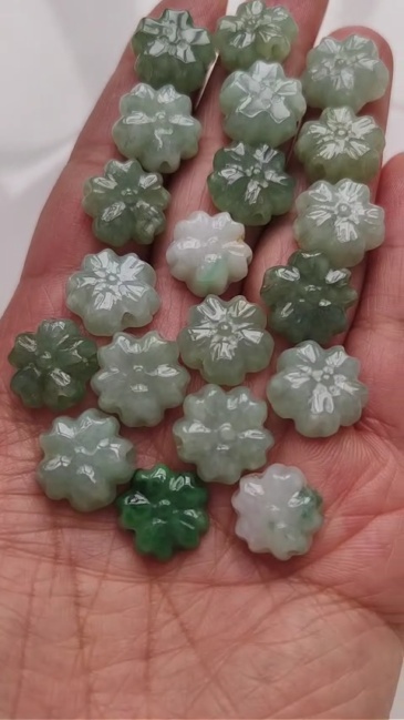 5Pcs Natural Certificated Type A Untreated 13-14X5mm Green White Burmese Jadeite Plum Blossom Beads,Go Through Hole Flowers Beads,DIY Jewelry Supplies