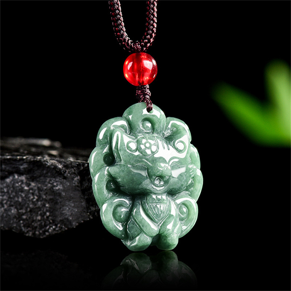 Certificated Natural Type A Untreated 26X21.5X8mm Bean Green Burmese Jadeite Nine Tailed Fox Pendant ,Amulet  Pendant Necklace