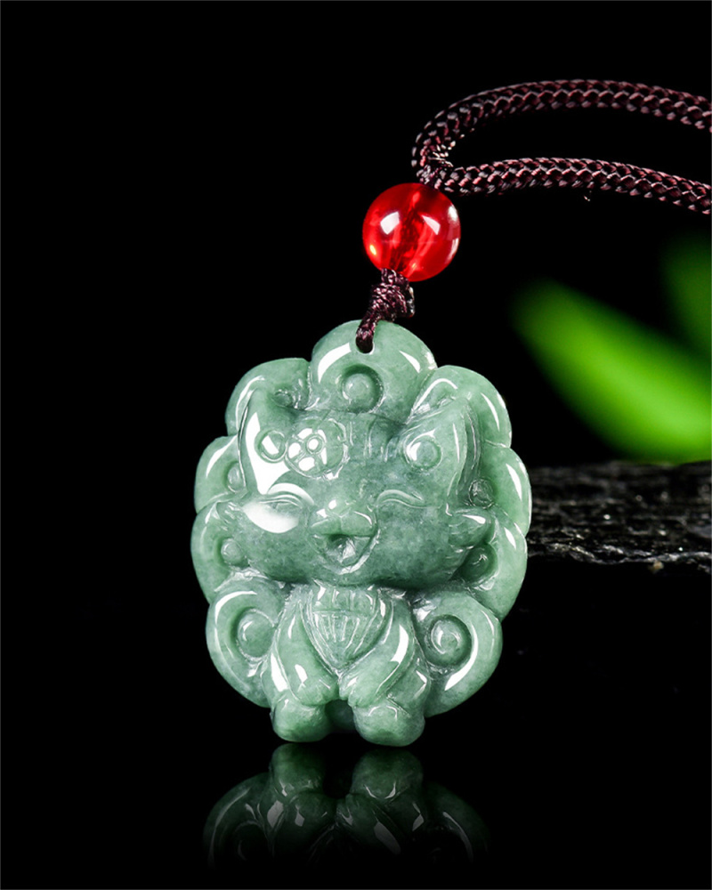 Certificated Natural Type A Untreated 26X21.5X8mm Bean Green Burmese Jadeite Nine Tailed Fox Pendant ,Amulet  Pendant Necklace