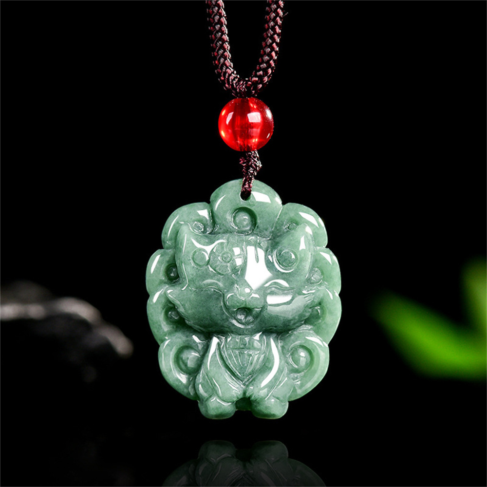 Certificated Natural Type A Untreated 26X21.5X8mm Bean Green Burmese Jadeite Nine Tailed Fox Pendant ,Amulet  Pendant Necklace