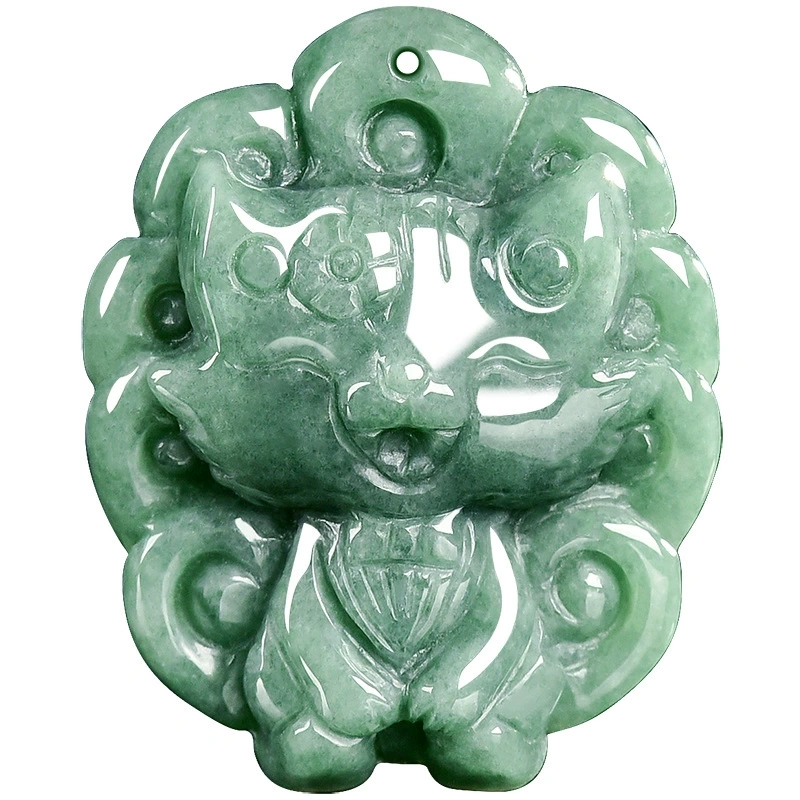 Certificated Natural Type A Untreated 26X21.5X8mm Bean Green Burmese Jadeite Nine Tailed Fox Pendant ,Amulet  Pendant Necklace