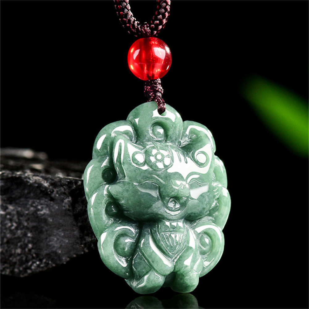 Certificated Natural Type A Untreated 26X21.5X8mm Bean Green Burmese Jadeite Nine Tailed Fox Pendant ,Amulet  Pendant Necklace