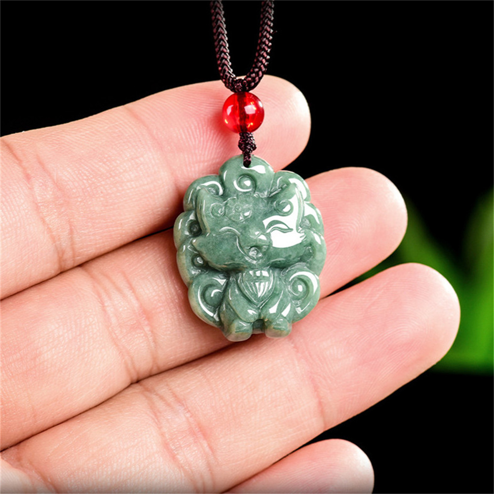 Certificated Natural Type A Untreated 26X21.5X8mm Bean Green Burmese Jadeite Nine Tailed Fox Pendant ,Amulet  Pendant Necklace