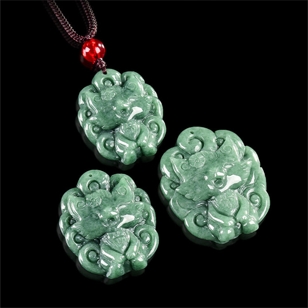 Certificated Natural Type A Untreated 26X21.5X8mm Bean Green Burmese Jadeite Nine Tailed Fox Pendant ,Amulet  Pendant Necklace
