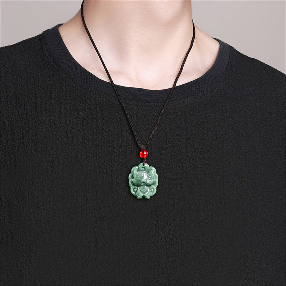 Certificated Natural Type A Untreated 26X21.5X8mm Bean Green Burmese Jadeite Nine Tailed Fox Pendant ,Amulet  Pendant Necklace