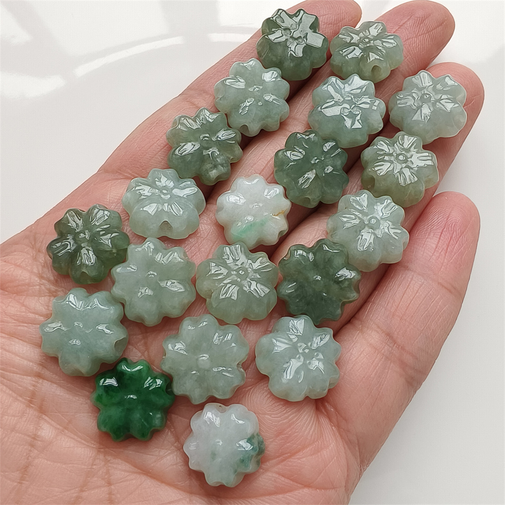 5Pcs Natural Certificated Type A Untreated 13-14X5mm Green White Burmese Jadeite Plum Blossom Beads,Go Through Hole Flowers Beads,DIY Jewelry Supplies