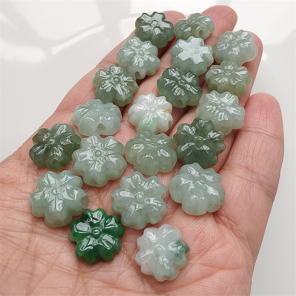 5Pcs Natural Certificated Type A Untreated 13-14X5mm Green White Burmese Jadeite Plum Blossom Beads,Go Through Hole Flowers Beads,DIY Jewelry Supplies