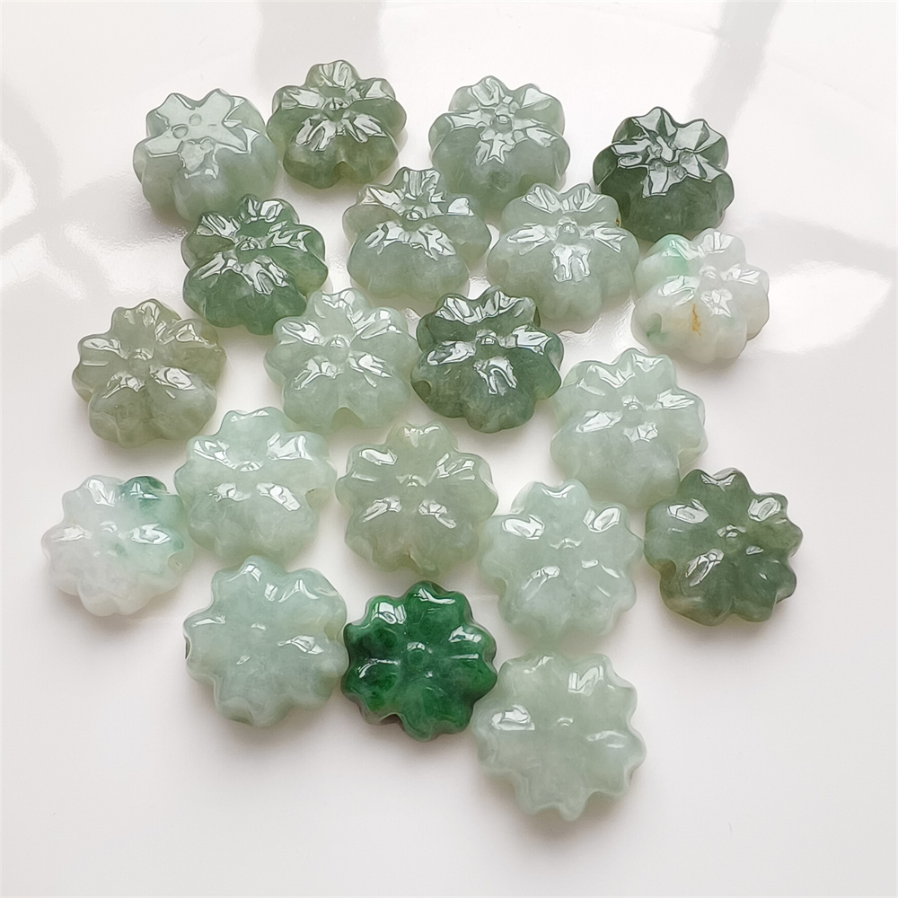 5Pcs Natural Certificated Type A Untreated 13-14X5mm Green White Burmese Jadeite Plum Blossom Beads,Go Through Hole Flowers Beads,DIY Jewelry Supplies