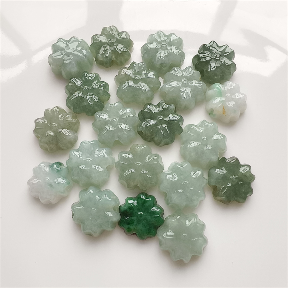 5Pcs Natural Certificated Type A Untreated 13-14X5mm Green White Burmese Jadeite Plum Blossom Beads,Go Through Hole Flowers Beads,DIY Jewelry Supplies