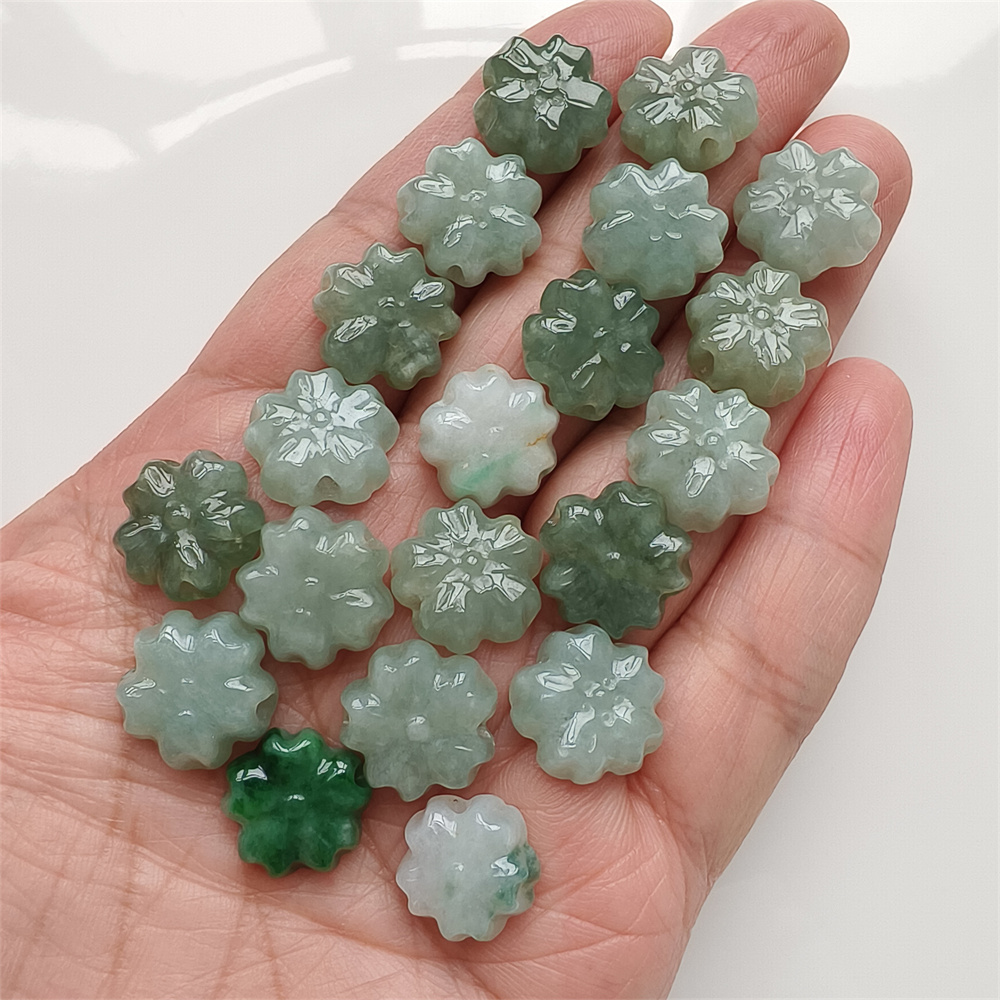 5Pcs Natural Certificated Type A Untreated 13-14X5mm Green White Burmese Jadeite Plum Blossom Beads,Go Through Hole Flowers Beads,DIY Jewelry Supplies