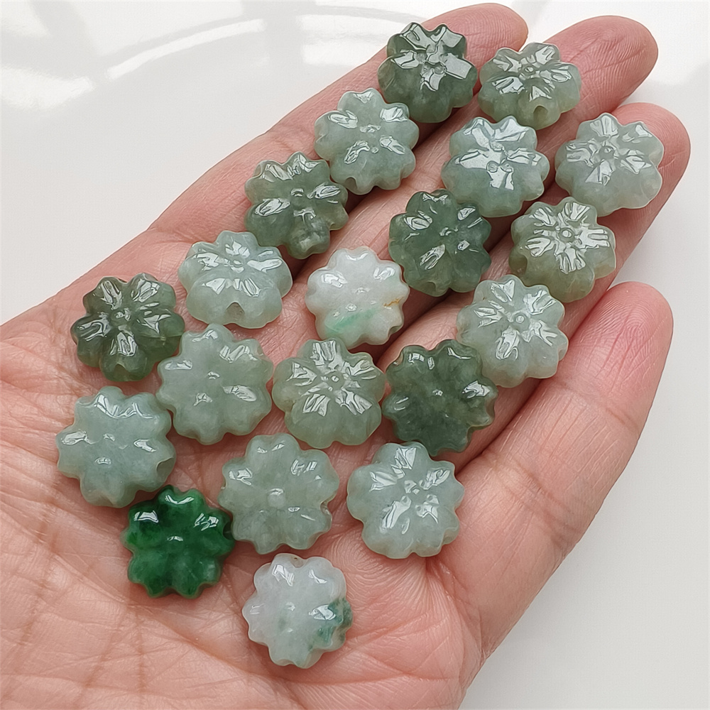 5Pcs Natural Certificated Type A Untreated 13-14X5mm Green White Burmese Jadeite Plum Blossom Beads,Go Through Hole Flowers Beads,DIY Jewelry Supplies