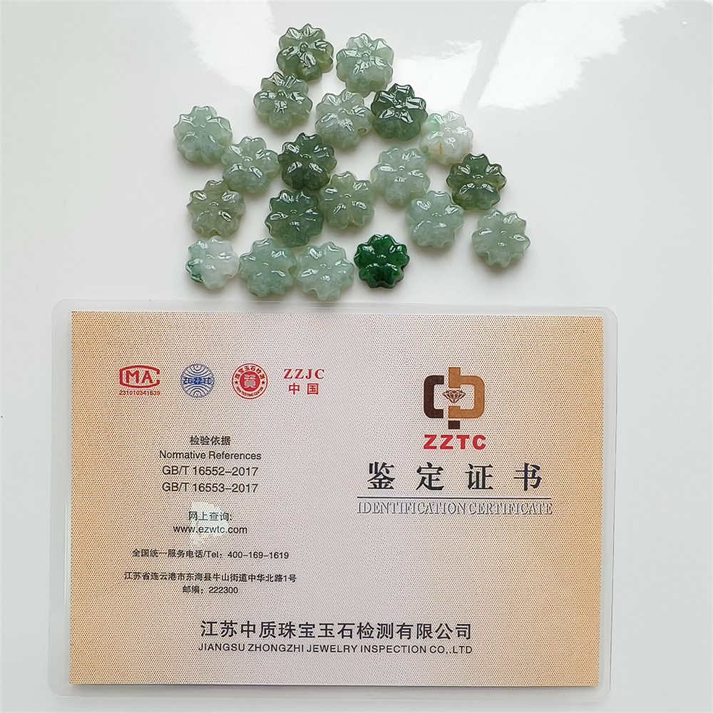5Pcs Natural Certificated Type A Untreated 13-14X5mm Green White Burmese Jadeite Plum Blossom Beads,Go Through Hole Flowers Beads,DIY Jewelry Supplies