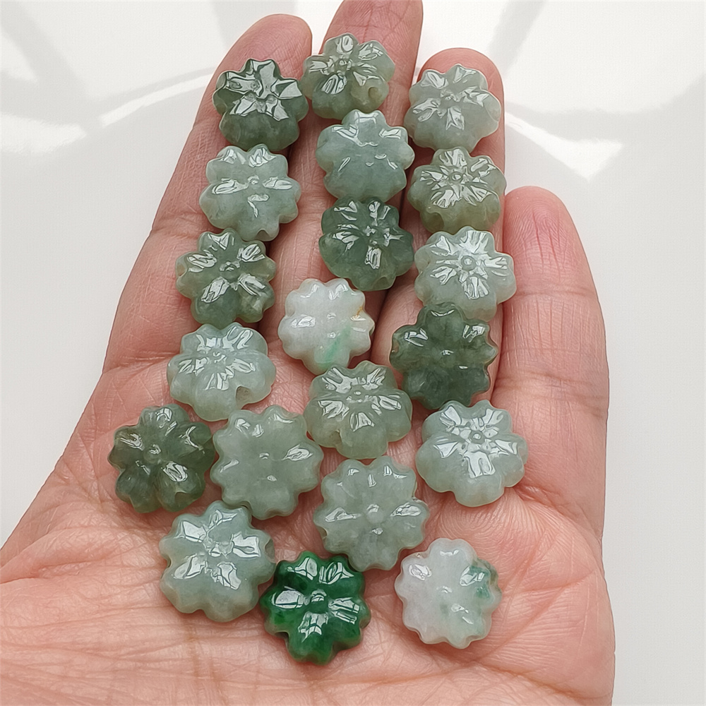 5Pcs Natural Certificated Type A Untreated 13-14X5mm Green White Burmese Jadeite Plum Blossom Beads,Go Through Hole Flowers Beads,DIY Jewelry Supplies