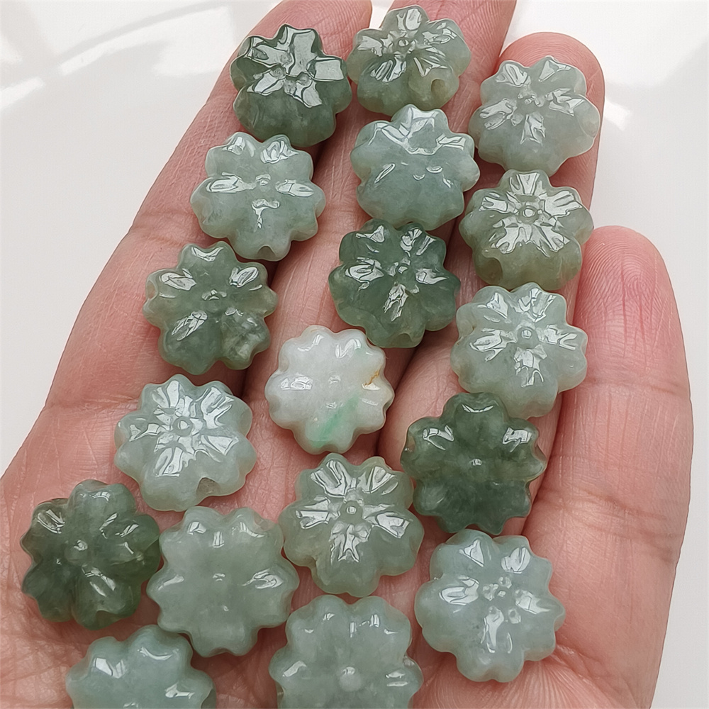 5Pcs Natural Certificated Type A Untreated 13-14X5mm Green White Burmese Jadeite Plum Blossom Beads,Go Through Hole Flowers Beads,DIY Jewelry Supplies