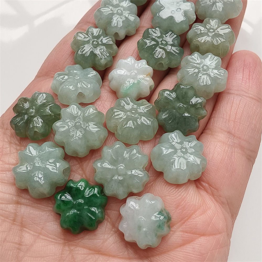 5Pcs Natural Certificated Type A Untreated 13-14X5mm Green White Burmese Jadeite Plum Blossom Beads,Go Through Hole Flowers Beads,DIY Jewelry Supplies