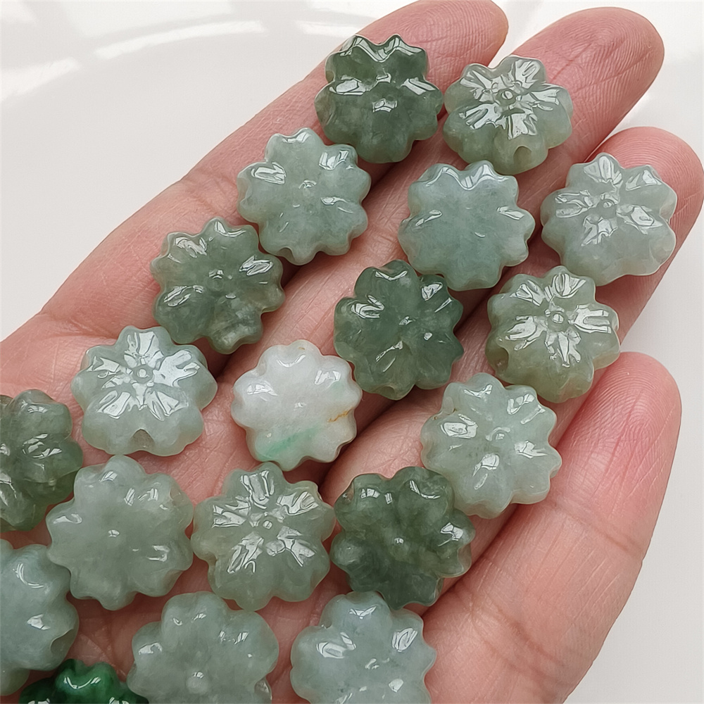 5Pcs Natural Certificated Type A Untreated 13-14X5mm Green White Burmese Jadeite Plum Blossom Beads,Go Through Hole Flowers Beads,DIY Jewelry Supplies