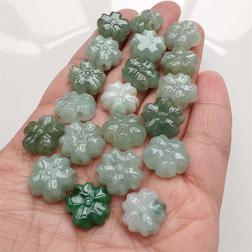 5Pcs Natural Certificated Type A Untreated 13-14X5mm Green White Burmese Jadeite Plum Blossom Beads,Go Through Hole Flowers Beads,DIY Jewelry Supplies