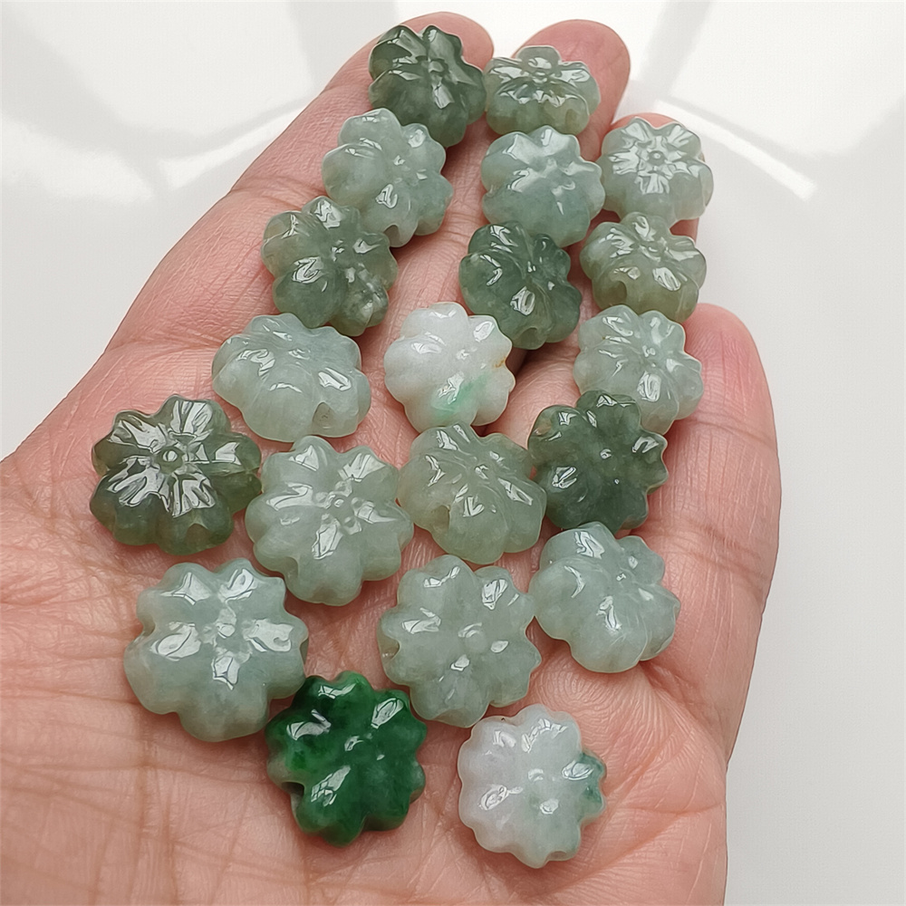 5Pcs Natural Certificated Type A Untreated 13-14X5mm Green White Burmese Jadeite Plum Blossom Beads,Go Through Hole Flowers Beads,DIY Jewelry Supplies