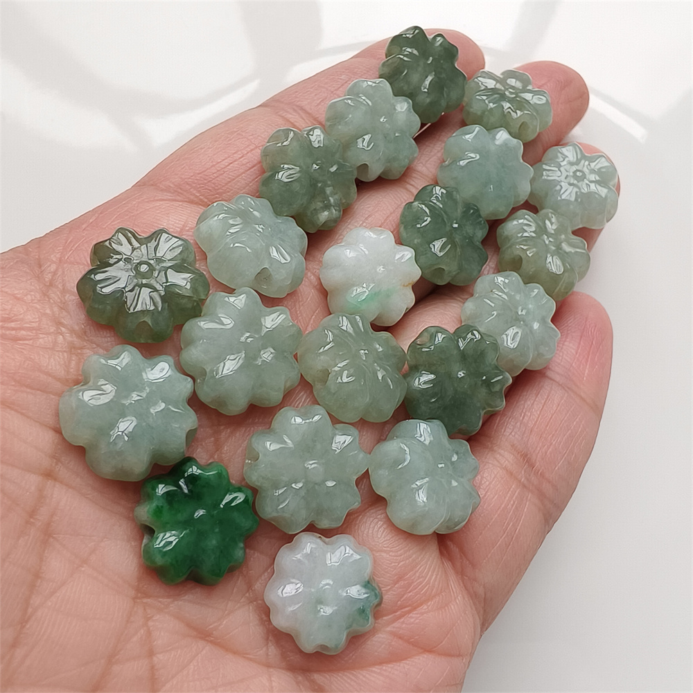 5Pcs Natural Certificated Type A Untreated 13-14X5mm Green White Burmese Jadeite Plum Blossom Beads,Go Through Hole Flowers Beads,DIY Jewelry Supplies